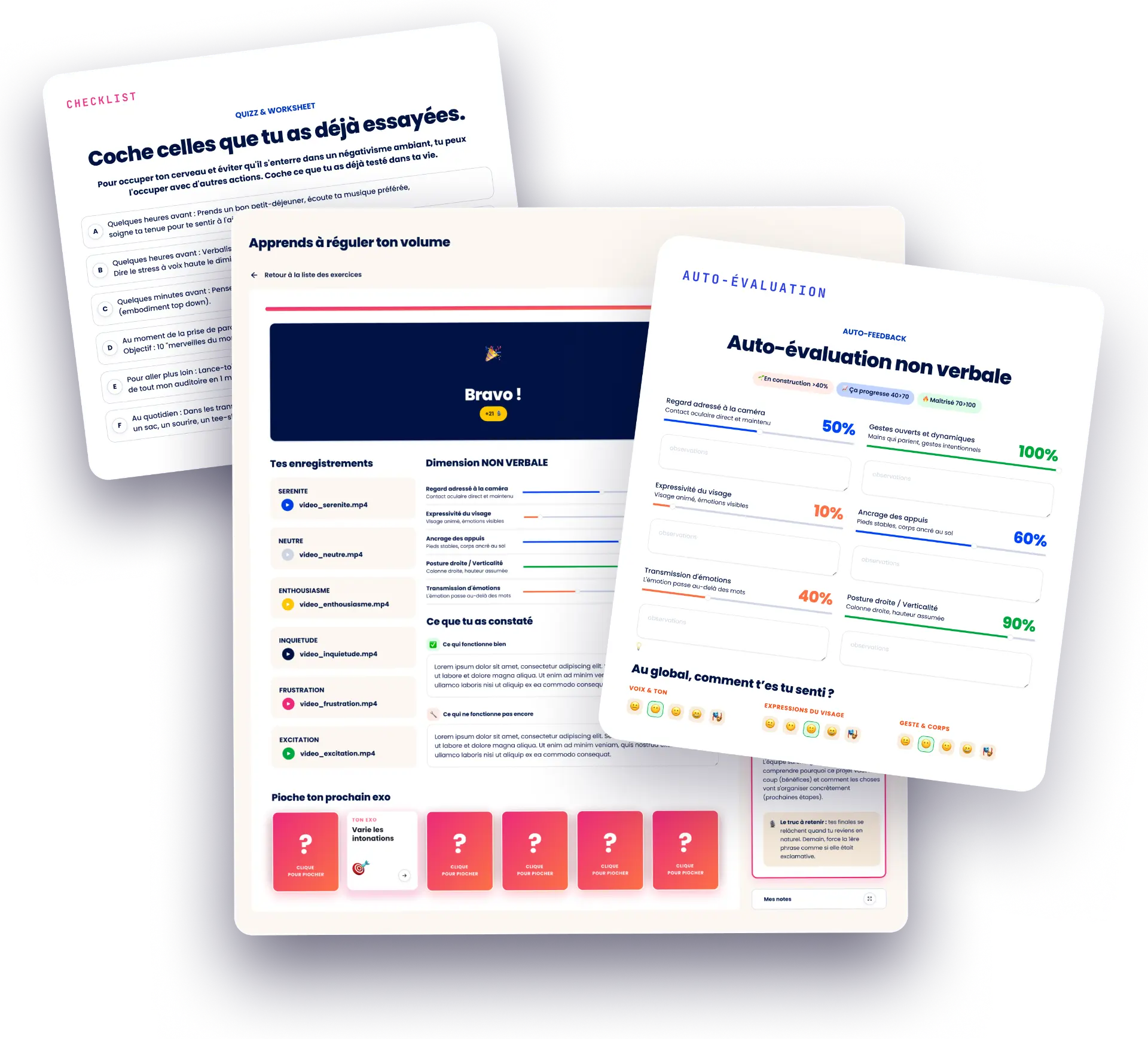 Composition des écrans de l'application Bagou : checklist, résumé d'exercice avec enregistrements et dimensions non-verbales, et auto-évaluation des performances.